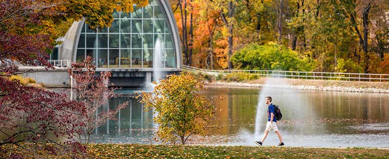 A pleasant outdoor scene with a pond and fountains at Rose Hulman Institute of Technology
