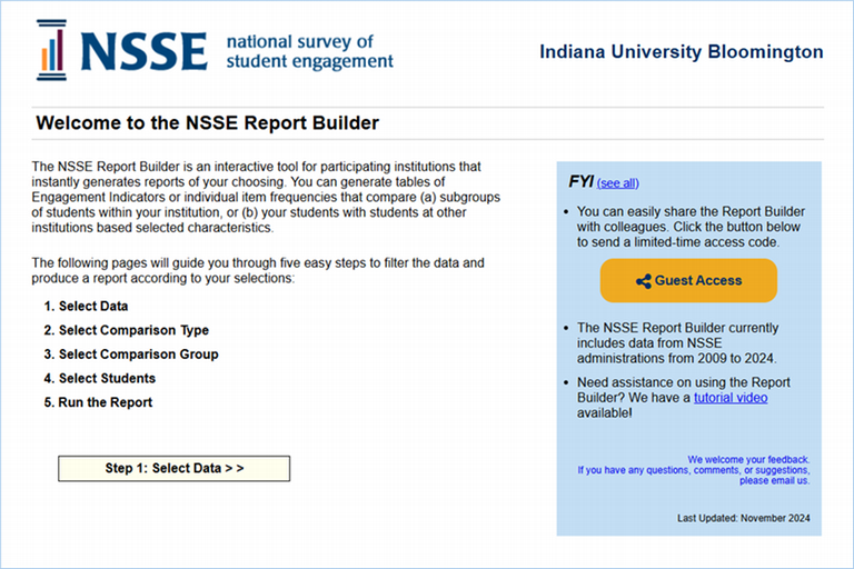 A screen shot of the first page of the NSSE Report Builder for Indiana University Bloomington
