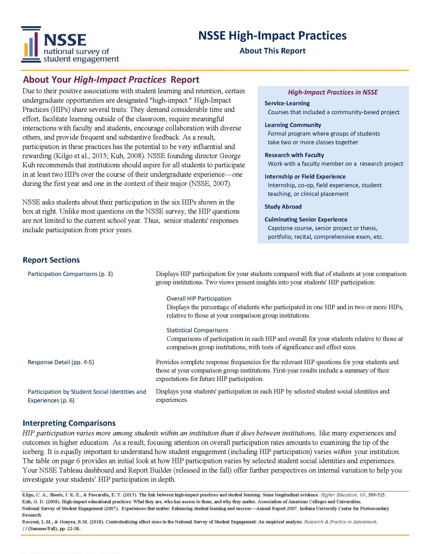 Sample Report: page 2 of NSSE High-Impact Practices