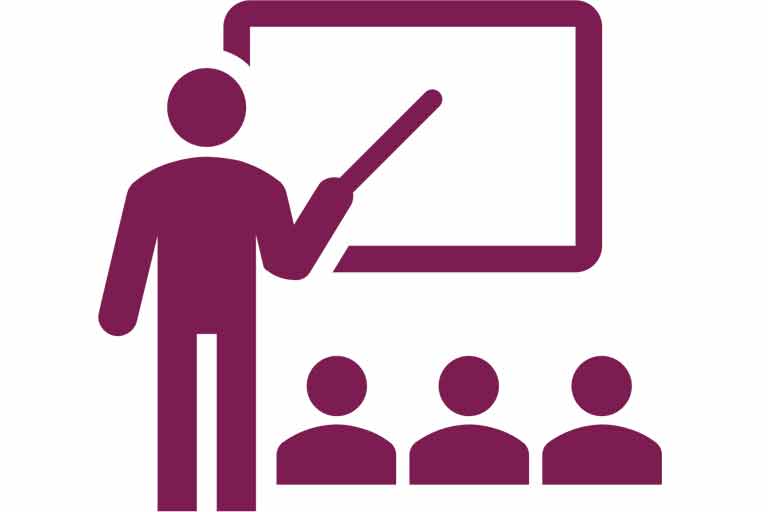 Line drawing of a figure pointing at a board while three figures watch